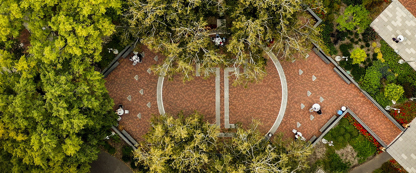 An overhead image of the Temple T in O'Connor Plaza on Main Campus in Philadelphia