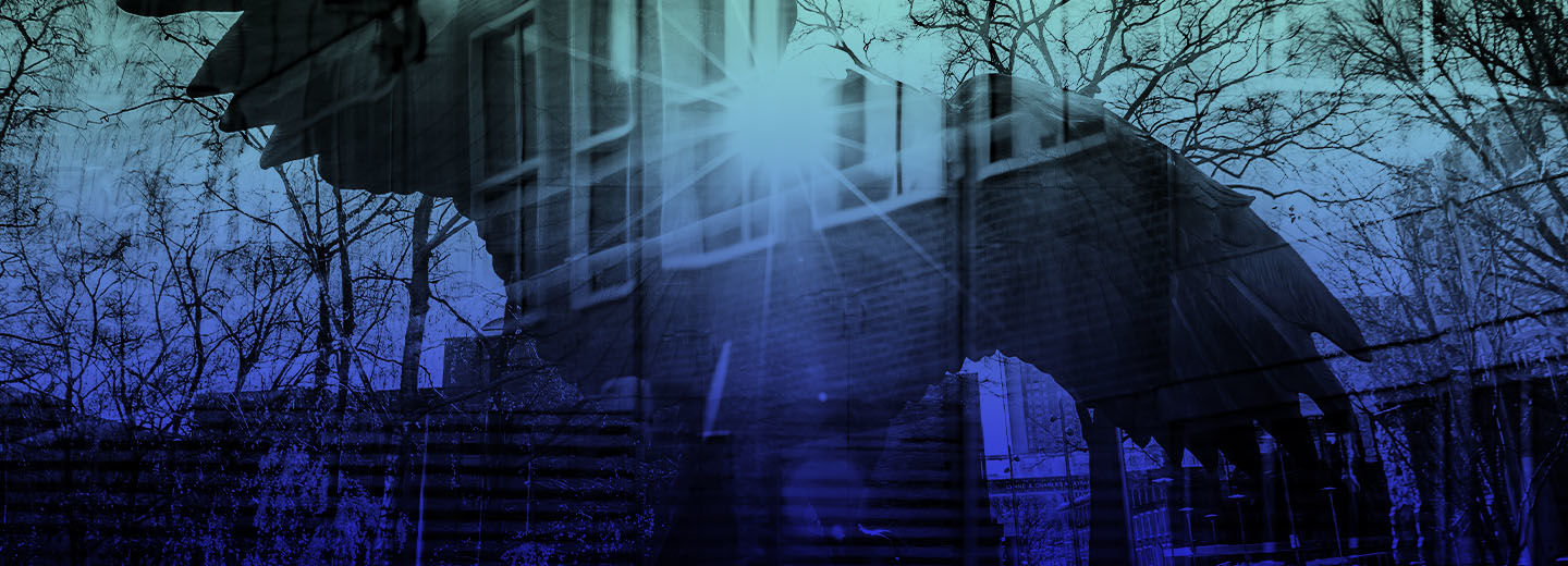 A layered image with a blue filter of Temple's main campus and the owl in O'Connor Plaza.