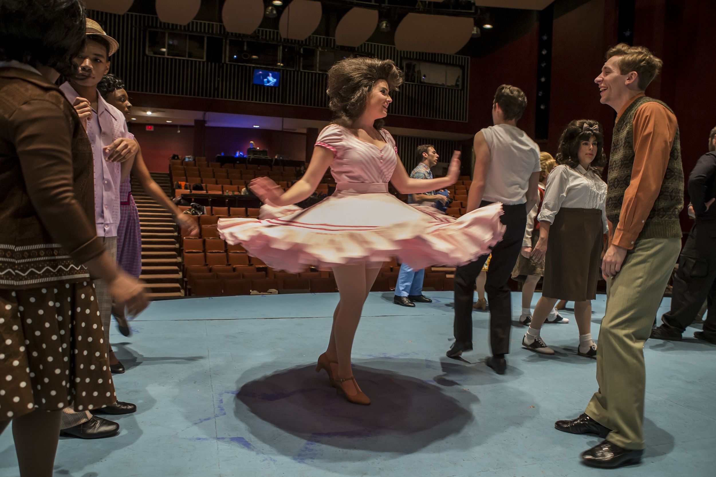Temple students prepare for a performance of the musical Hairspray.