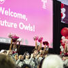 Temple cheerleaders rally for Experience Temple Day. 